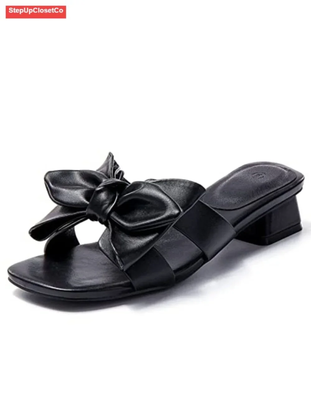 Faux Leather Bow Chunky Block Heel Open Toe Mule Sandals
